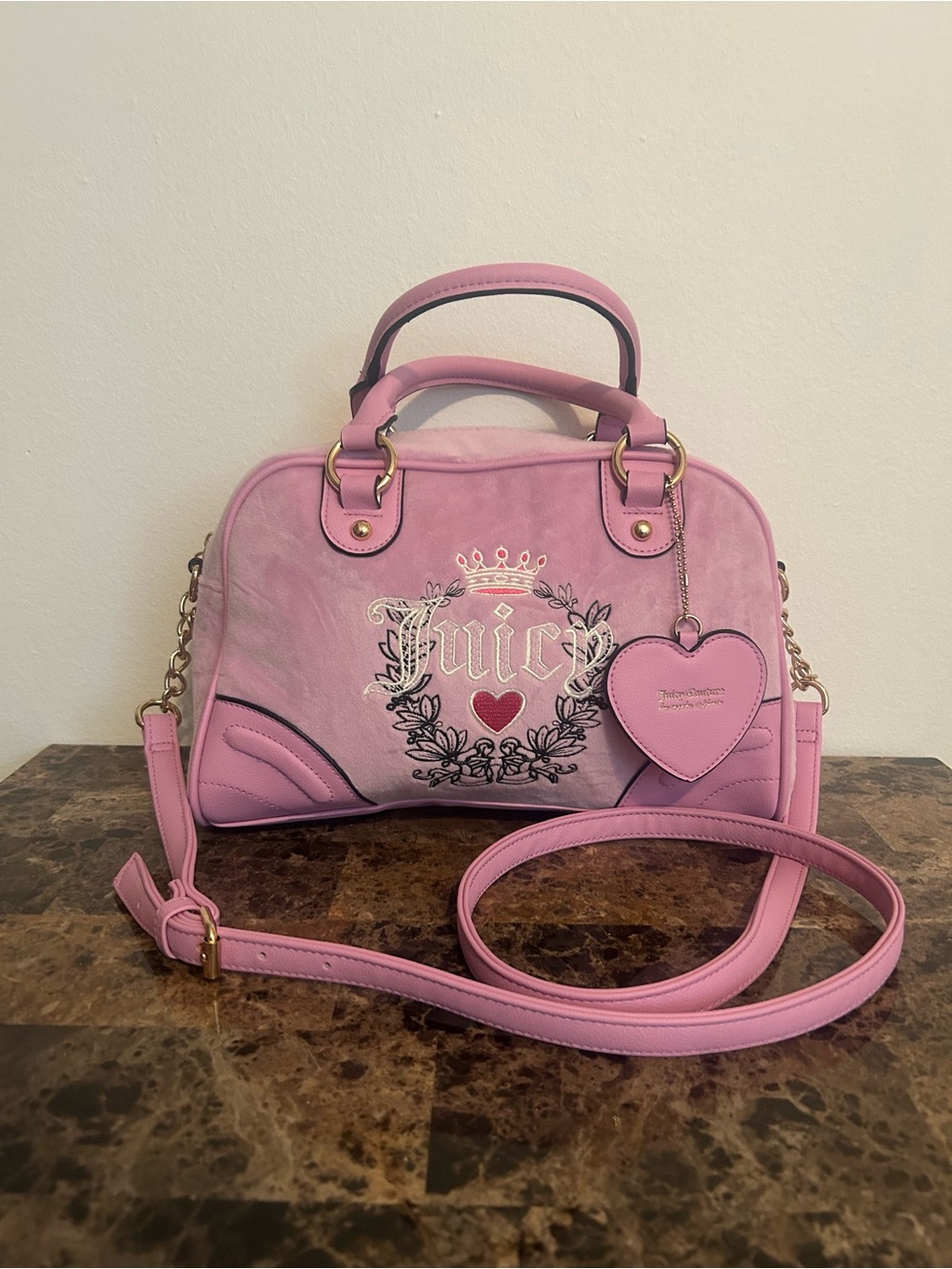 Juicy Couture Pink Embroidered Heart Dome Crossbody Bag